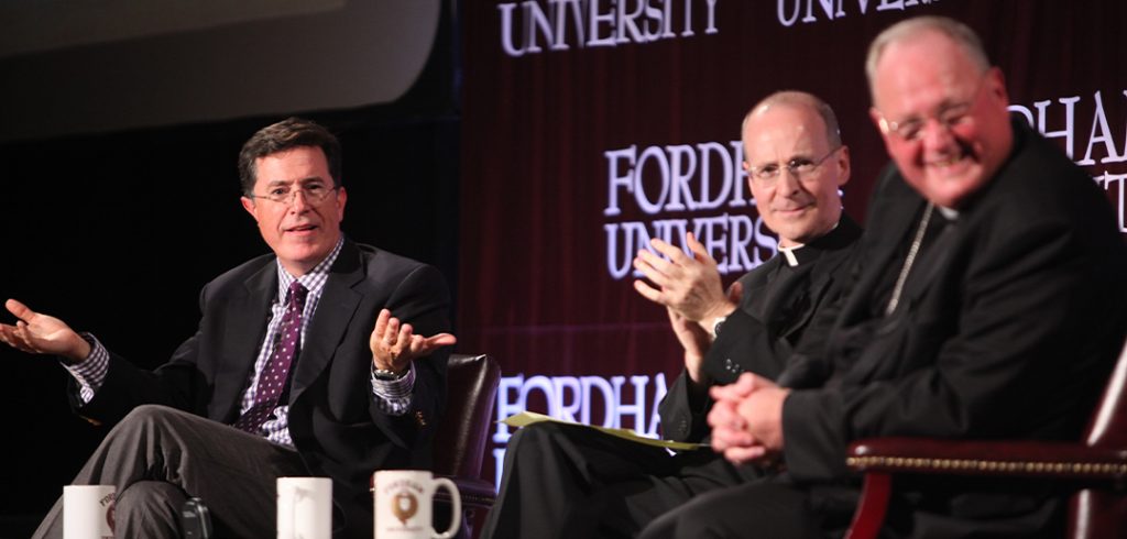 (from left) Stephen Colbert, James Martin, S.J., and Timothy Cardinal Dolan