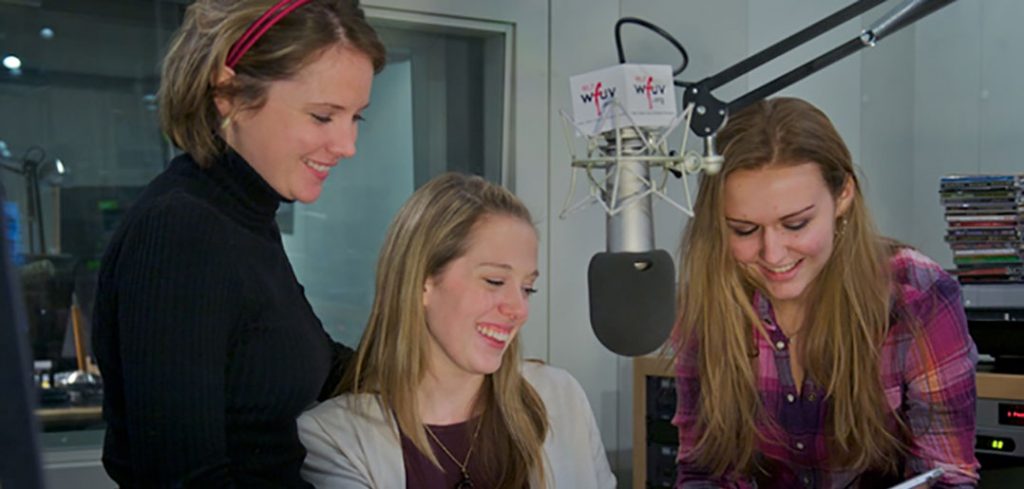 Colleen Taylor, center, with former Ceol na nGael producer Liz Noonan (left) and former co-host Tara Cuzzi in the WFUV studios.