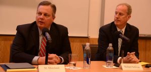 Michael P. Moreland and Richard J. Sullivan at a panel discussing Pope Francis Photo by Patrick Verel