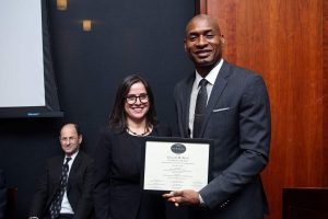 Jacqueline Reich, Chair of the department of communication and media studies, presents the Sperber Award to Charles M. Blow. Photo by Bruce Gilbert