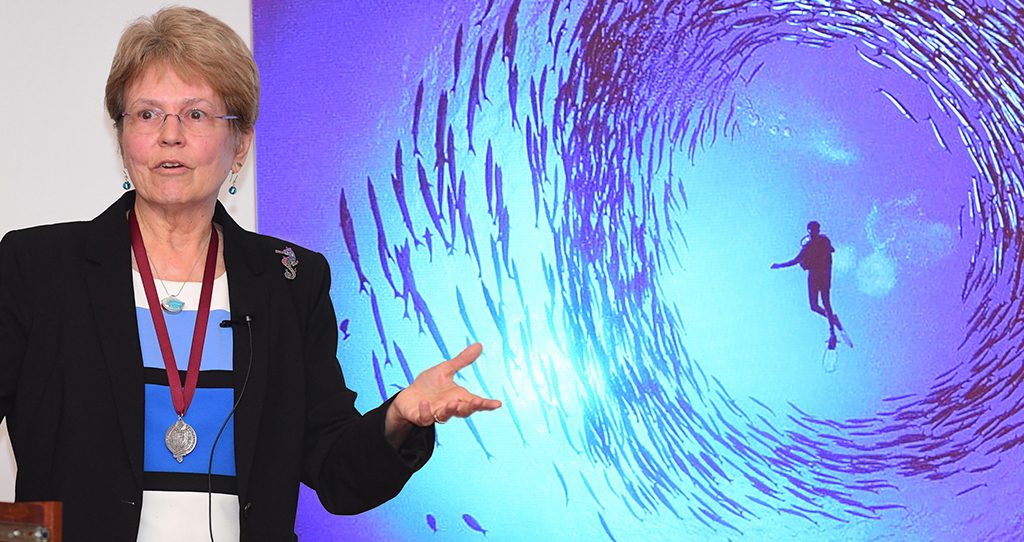 This is a photo of Jane Lubchenco at the Sapientia et Doctirina lecture, "Making Waves and Brining Hope: Our Role in Charting the Future of the Ocean" at Fordham University's Rose Hill campus.