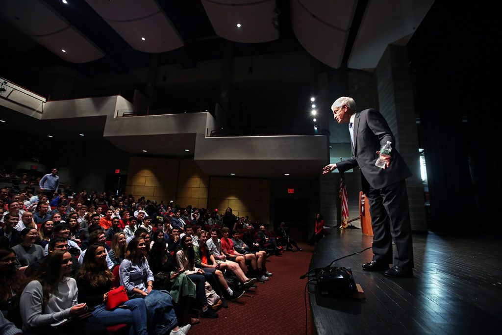 Mario Gabelli speaks at the Leonard Theater at Fordham Preparatory School.