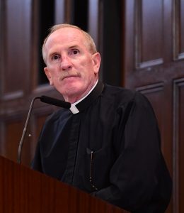 Joseph M. McShane, SJ, president of Fordham, speaks in Keating First auditorium