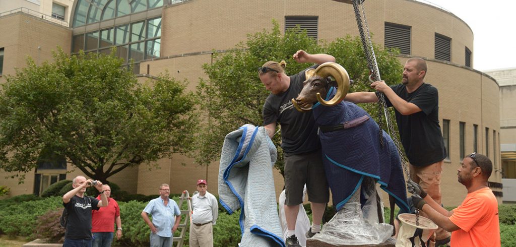 A 500 pound statue of a ram on the McGinley Plaza at Lincoln Center