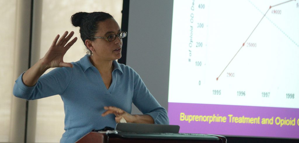 Helena B. Hansen, M.D., Ph.D., assistant professor of psychiatry and anthropology at New York University, addresses a crowd at the Rose Hill campus