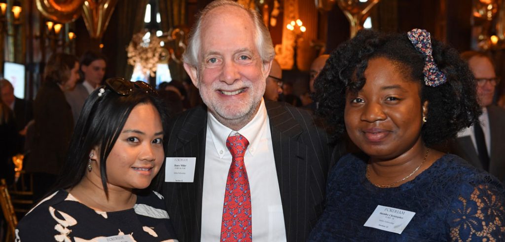 (L-R) Miller Scholar Frairee De La Fuente; Henry Miller, FCRH ’68, benefactor of the Henry S. Miller Endowed Fellowship for International Education; and Miller Scholar Shenika Christopher.