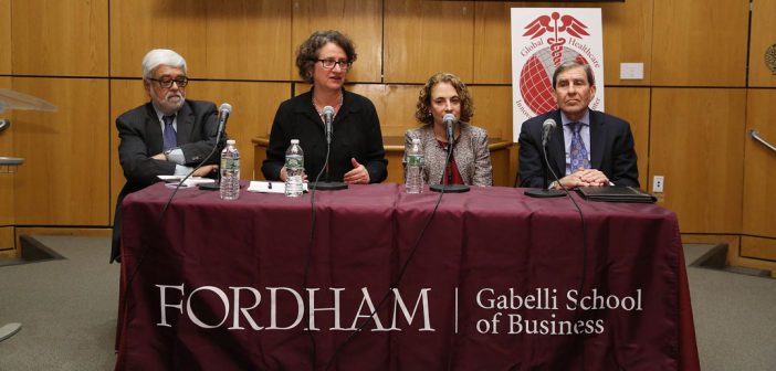 (L-R) Falguni Sen, director of the Global Healthcare Innovation Management Center; Mitra Behroozi,executive director of the 1199 SEIU Benefit and Pension Funds; Elisabeth Rosenthal, and Barney D. Newman, M.D., co-founder of WestMed Medical Group.