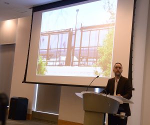 Sean Anderson addresses the audience from a podium at the Lincoln Center