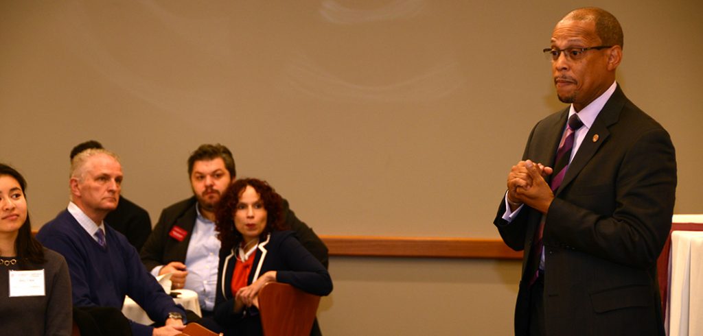 Anthony Carter speaks to a group of prospective MBA students at the Lincoln Center campus