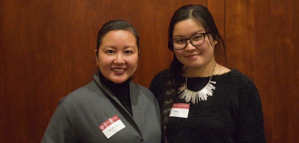 Two women (Michelle Hopson and Ting Yana) standing together at a mentoring event.