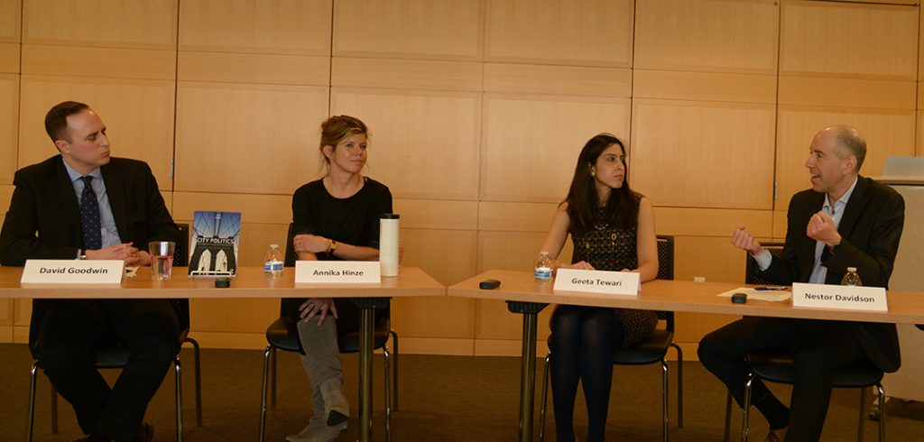 David Goodwin, Annika Hinze, Geeta Tawari and Nestor Davidson sit at a table at the Law School