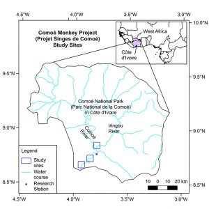 A diagram of the Comoé National Park that shows where observation cameras have been installed.