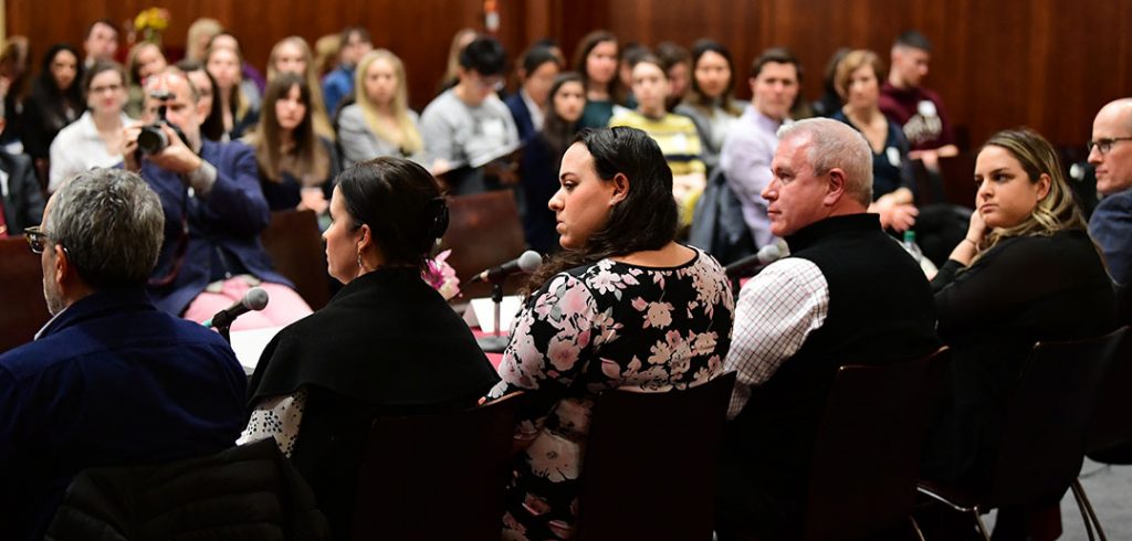 A view of the panelists and audience at the 2019 Parent Professional Panel, held in the 12th-Floor Lounge in the Lowenstein Center on Feb. 5