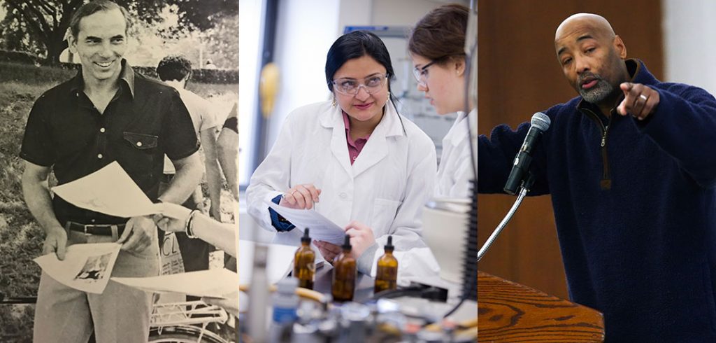 A composite image of three Fordham professors: Raymond Schroth, S.J., chemistry professor Ipsita Banerjee, and Mark L. Chapman, a professor of African and African American studies