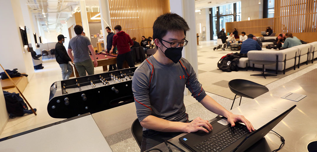 Students in the new campus center at Rose Hill