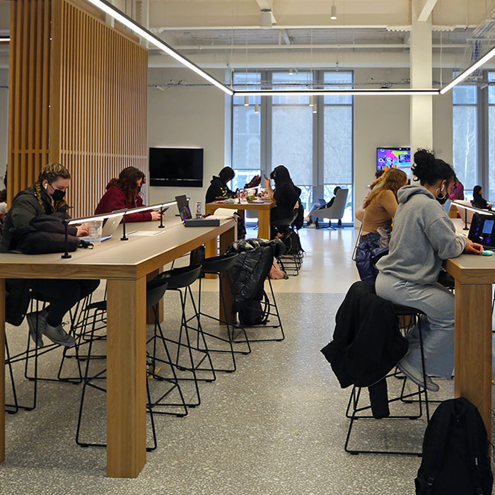 The student lounge in the new Rose Hill campus center