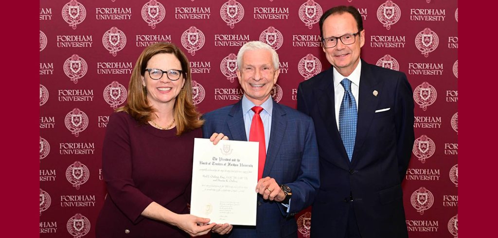 Fordham President Tania Tetlow, Paul Ostling, and Armando Nunez, chairman of the Fordham Board of Trustees