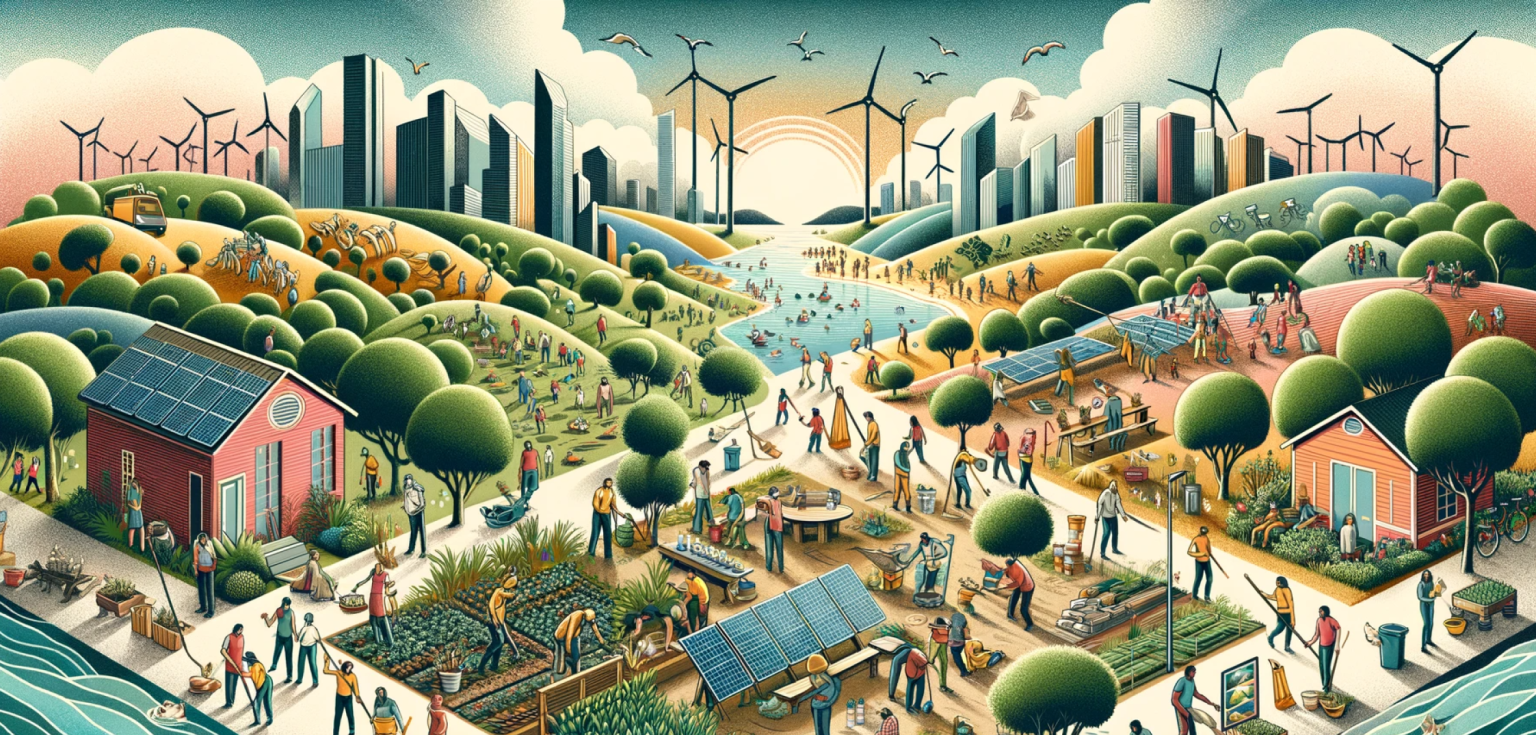 illustration of a community outdoors with trees, farms, people, buildings