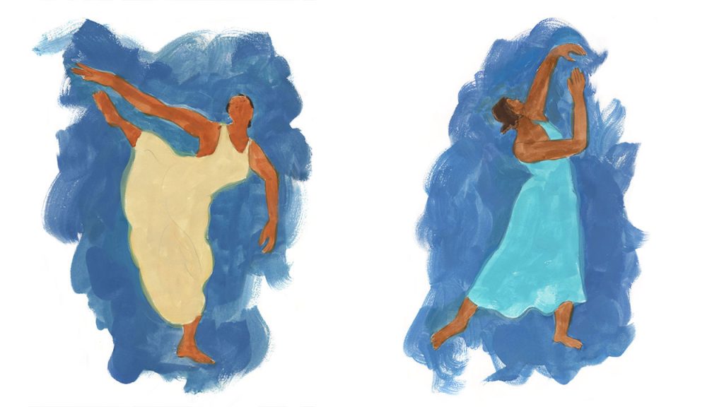 Two illustrations of dancers—one in a yellow dress with leg raised, and another in a blue dress with arms raised.