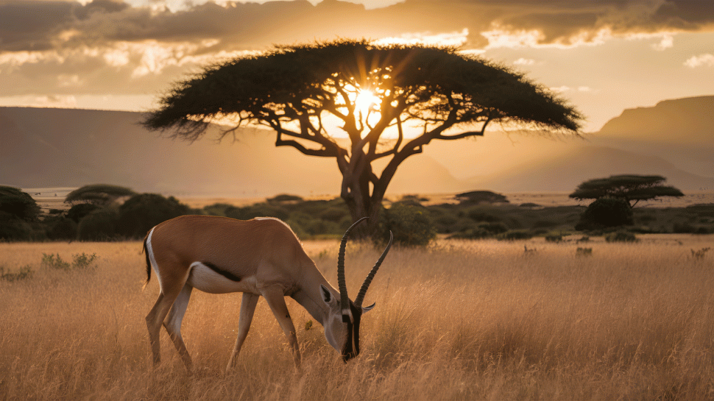 An African landscape with an antelope in the foreground