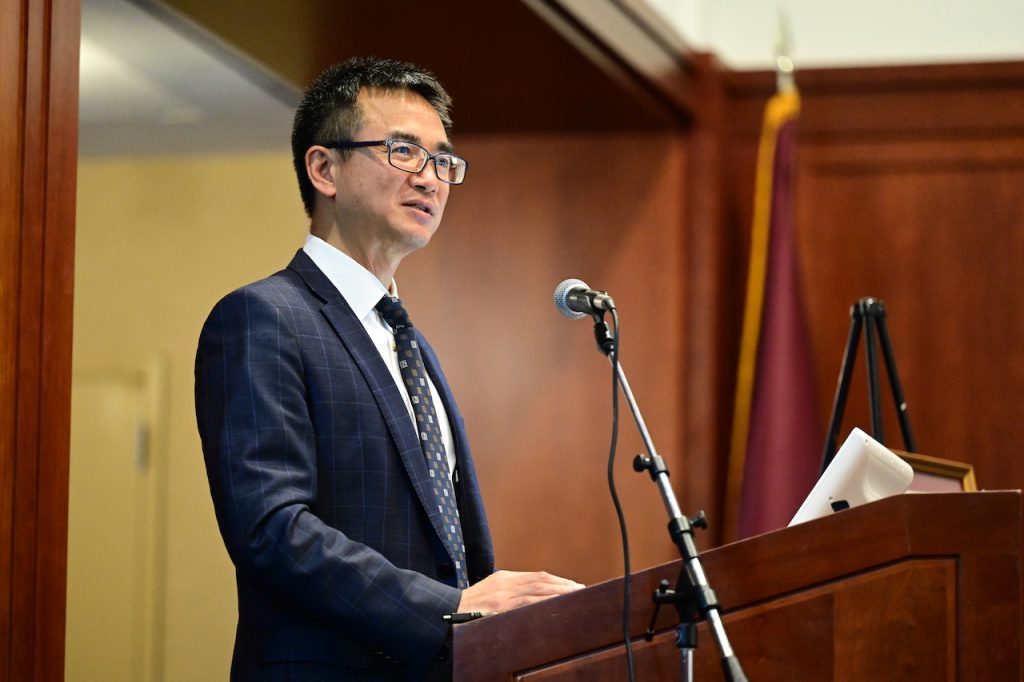 Gabelli School Finance Professor An Yan at his formal installation as the Robert Bendheim Chair in Economics and Financial Policy on September 30.