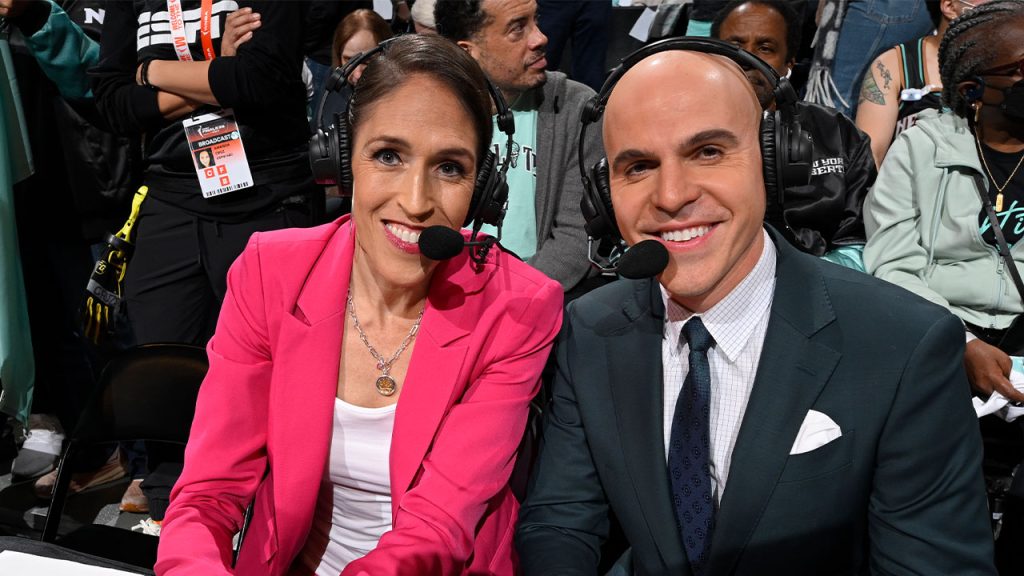 Rebecca Lobo and Ryan Ruocco before Game 5 of the WNBA Finals on October 20 in Brooklyn.