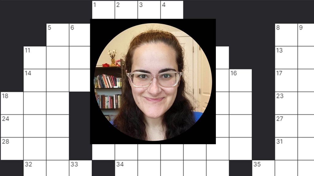 A head shot of Olivia Mitra Framke in a circle against an empty crossword puzzle grid