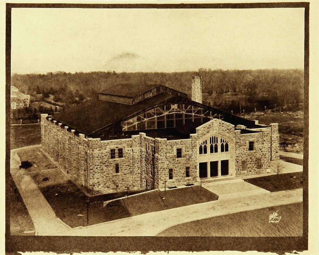 Sepia-toned aerial photo of the Rose Hill Gym in 1925, the year it opened on Fordham University's Rose Hill campus