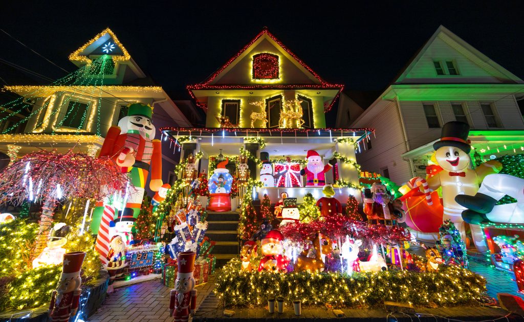 3 hours next to each other, with colorful Christmas decorations out