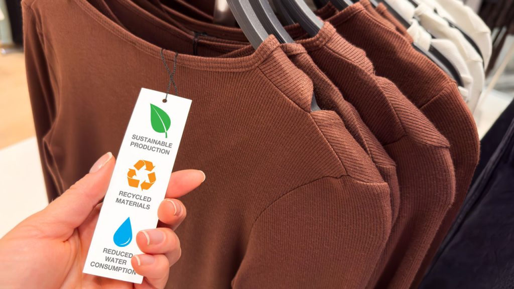 A woman looks at a clothing tag